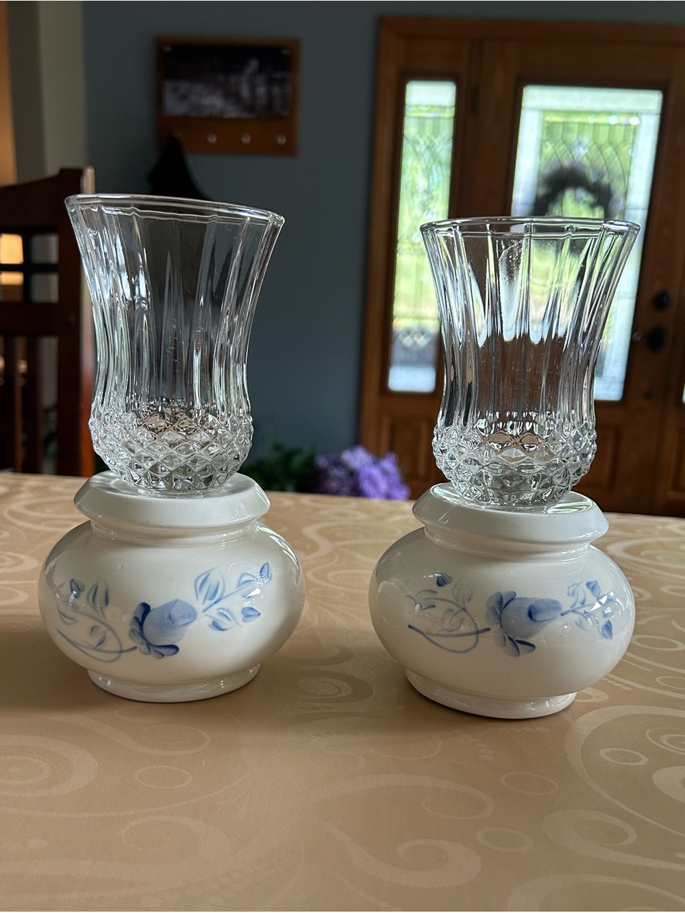 Vintage Home Interiors White Ceramic/Glass Candle Holder with Blue Floral Rose